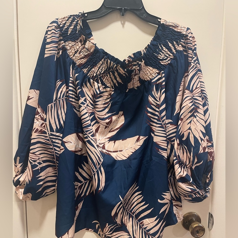 Women's Blue and Cream Leaf Print off the shoulder top